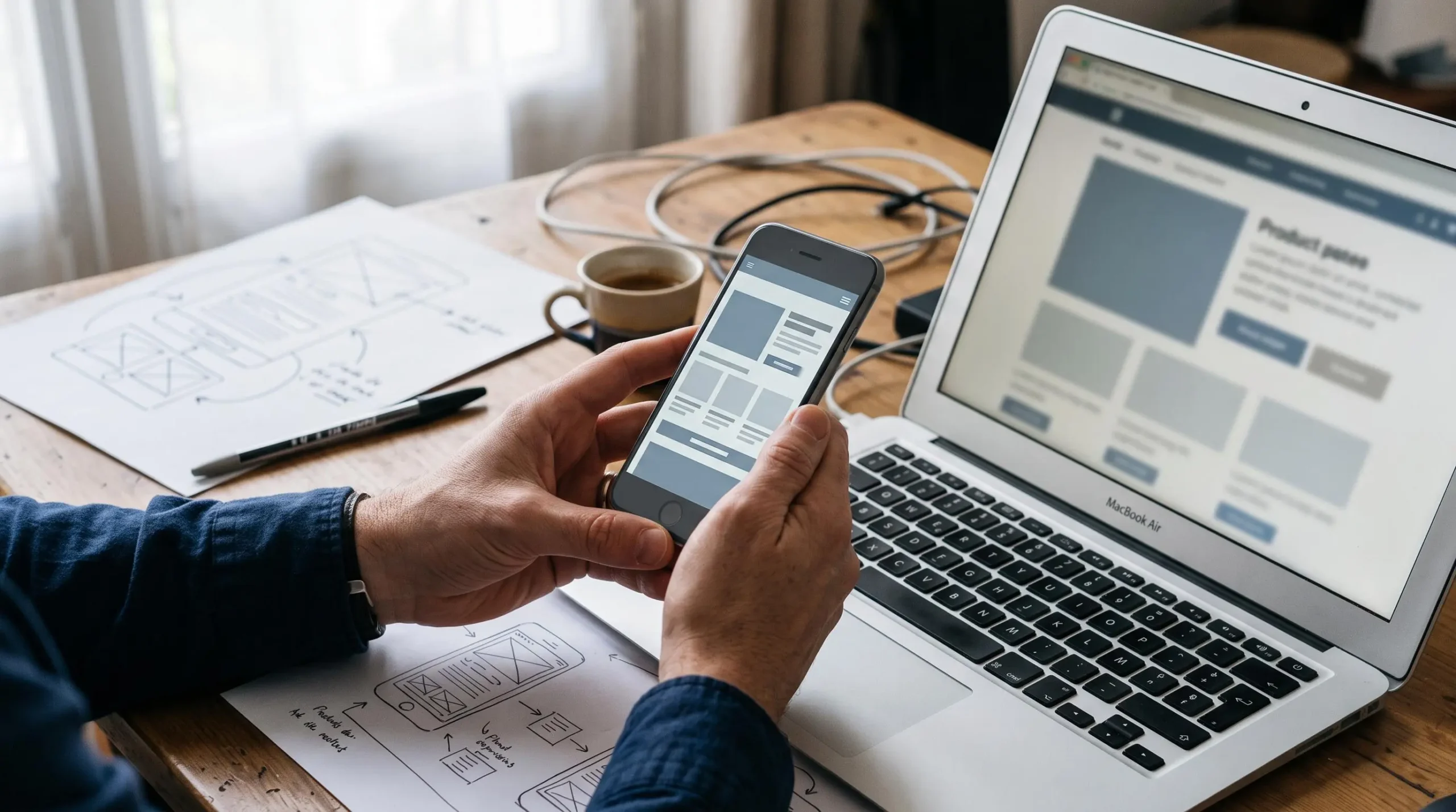 Des mains comparent une page web affichée sur un smartphone et sur l'écran d'un ordinateur portable.
