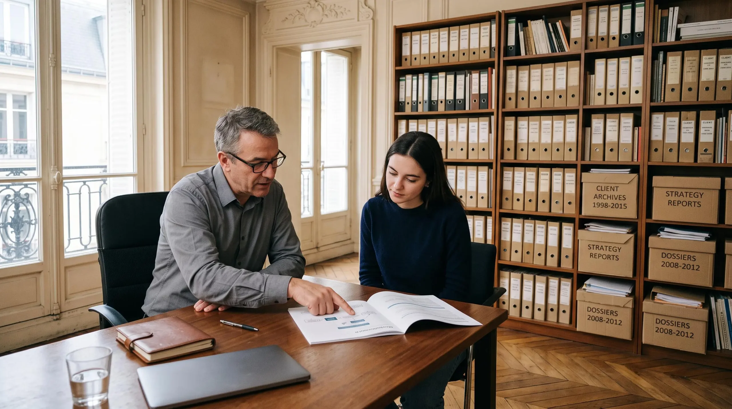 Un consultant senior présentant un document de méthodologie imprimé à un client dans un bureau d'agence établie avec des rayonnages d'archives.