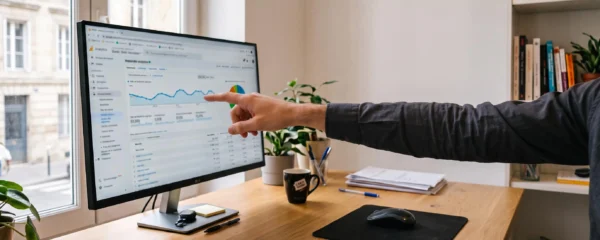 Une consultante SEO analyse un tableau de bord de trafic et de conversion sur un écran dans un bureau.