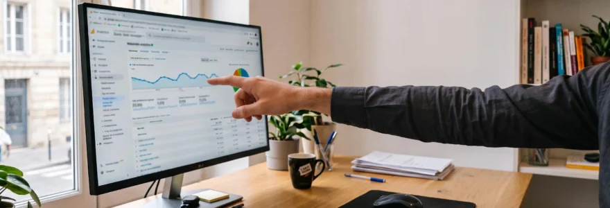 Une consultante SEO analyse un tableau de bord de trafic et de conversion sur un écran dans un bureau.