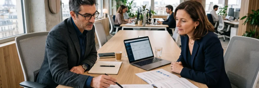 Un directeur marketing et un consultant examinent des rapports imprimés de visibilité IA autour d'une table de réunion dans un bureau contemporain.
